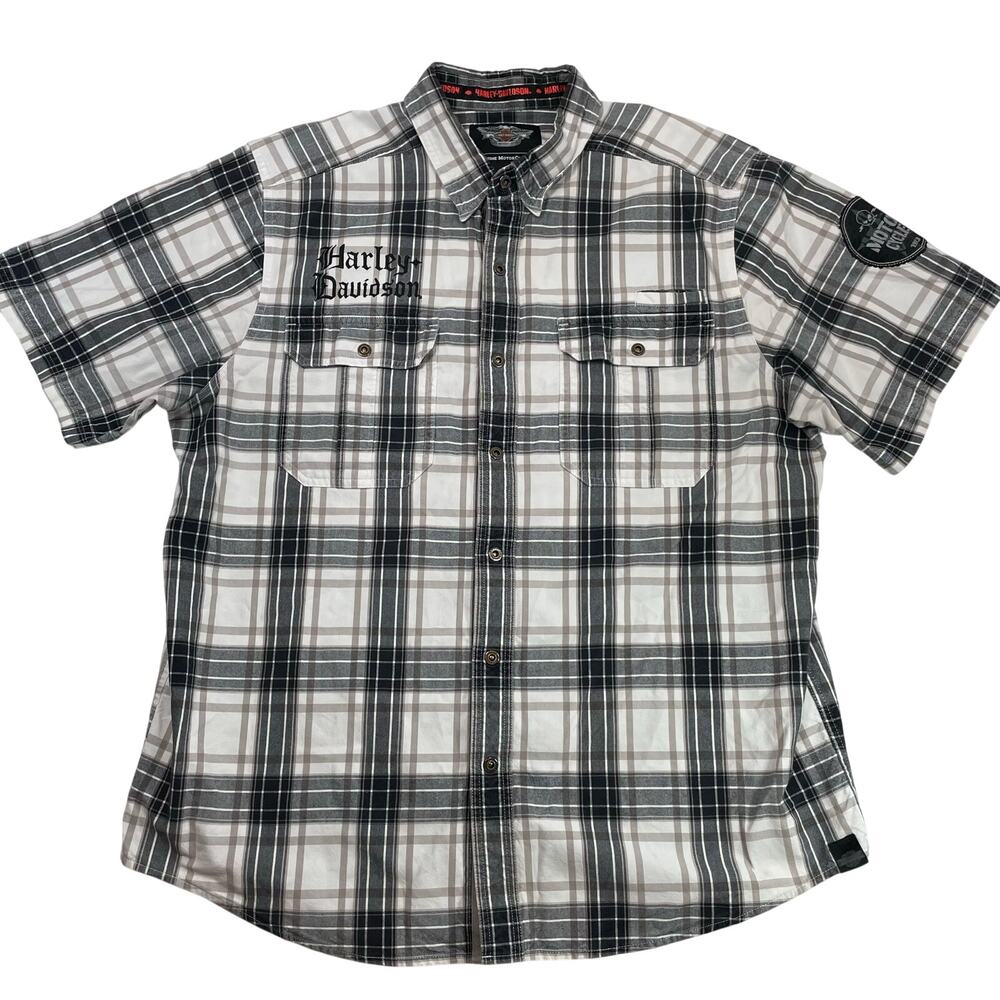 Harley-Davidson Plaid Button Up Shirt XL Gray White Short Sleeve Mens